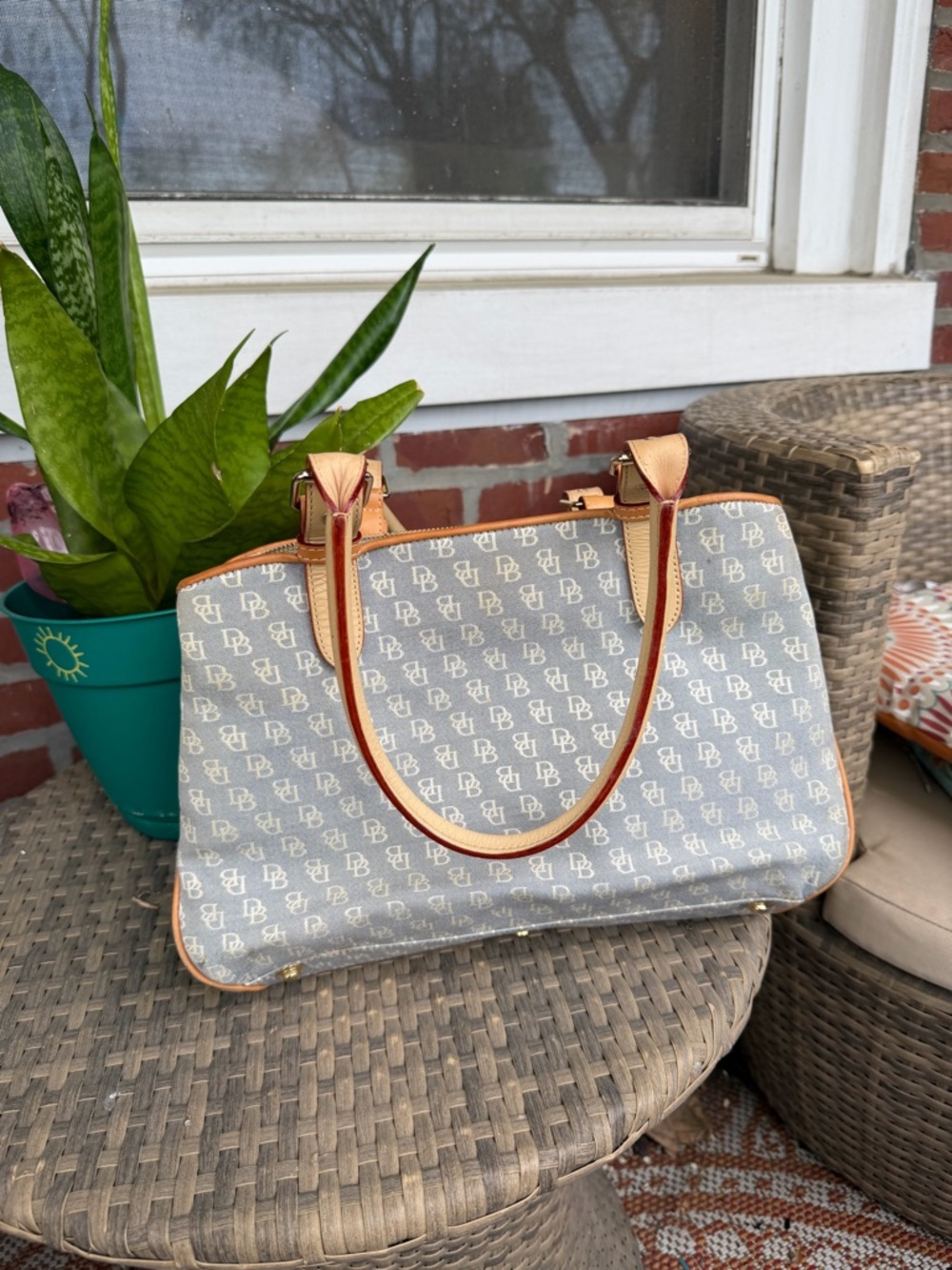 Dooney & Bourke Gray Monogram Shoulder Bag with Tan Trim